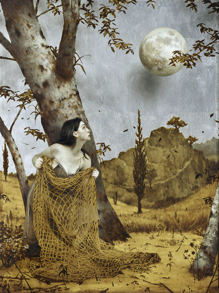 Brad Kunkle, Triumph of The Moon, olej z płatkami srebra na drewnie, 61 × 46 cm, 2019